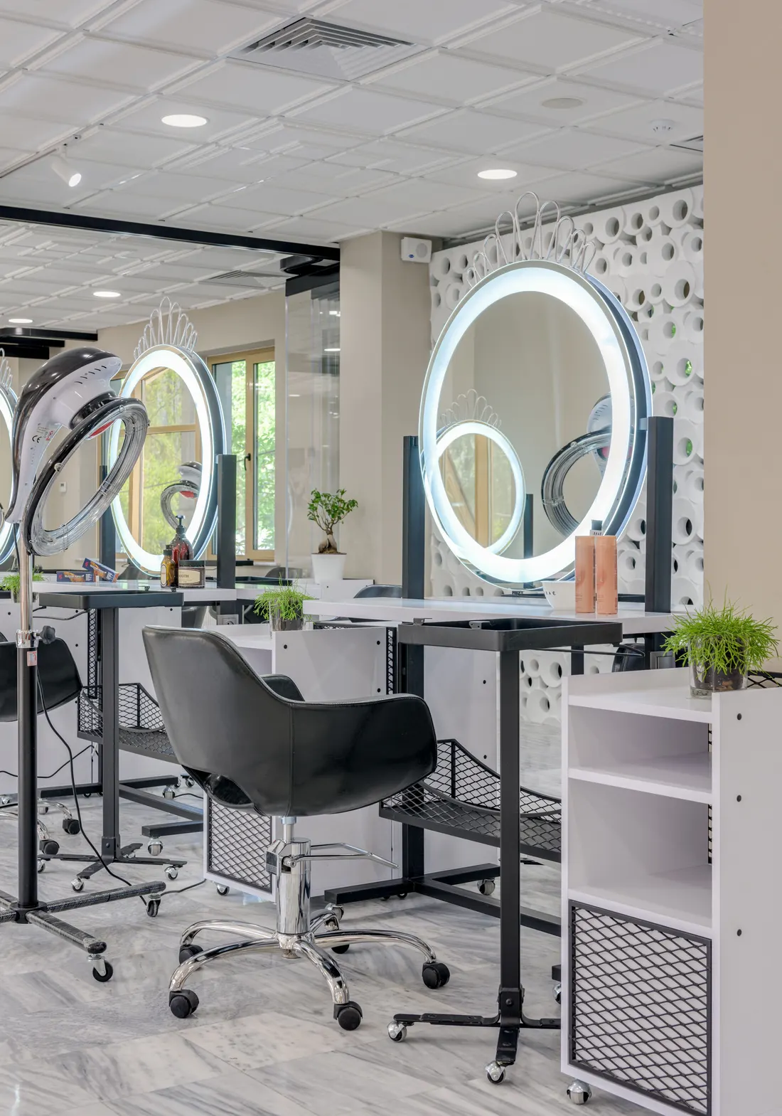 Illustrative stock photograph of salon chairs and mirrors